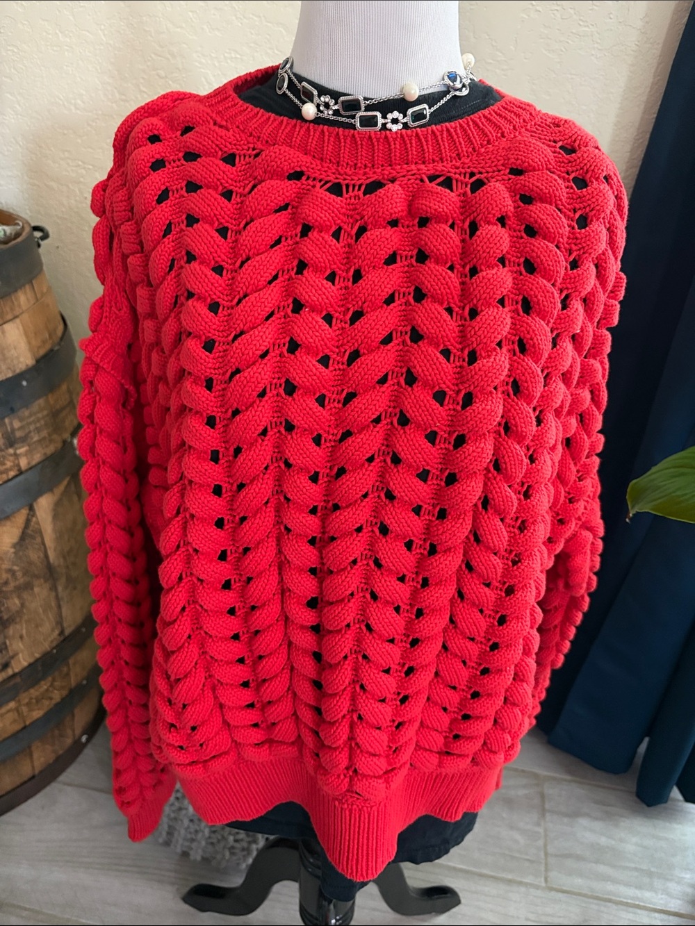 Women’s Open-Knit Crewneck Sweater in Red